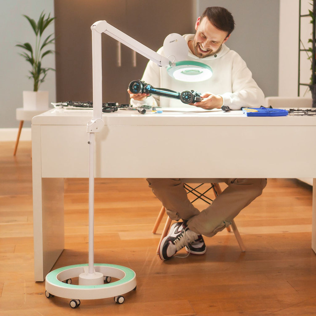 Lumeno 721X magnifying lamp on a rolling stand for model building at the workbench
