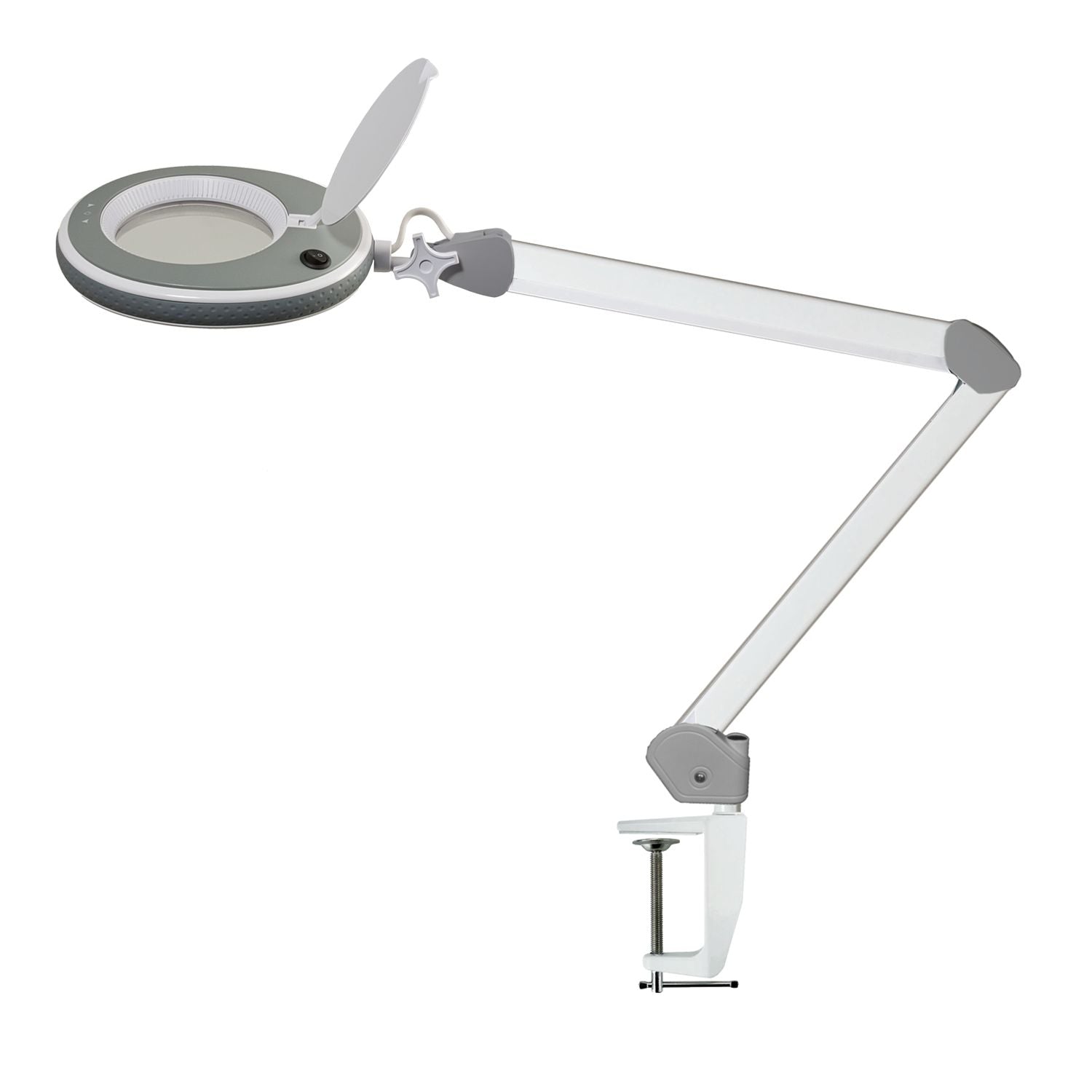 Lumeno 821X LED Lupenleuchte Grau mit Tischklemme, seitliche Ansicht